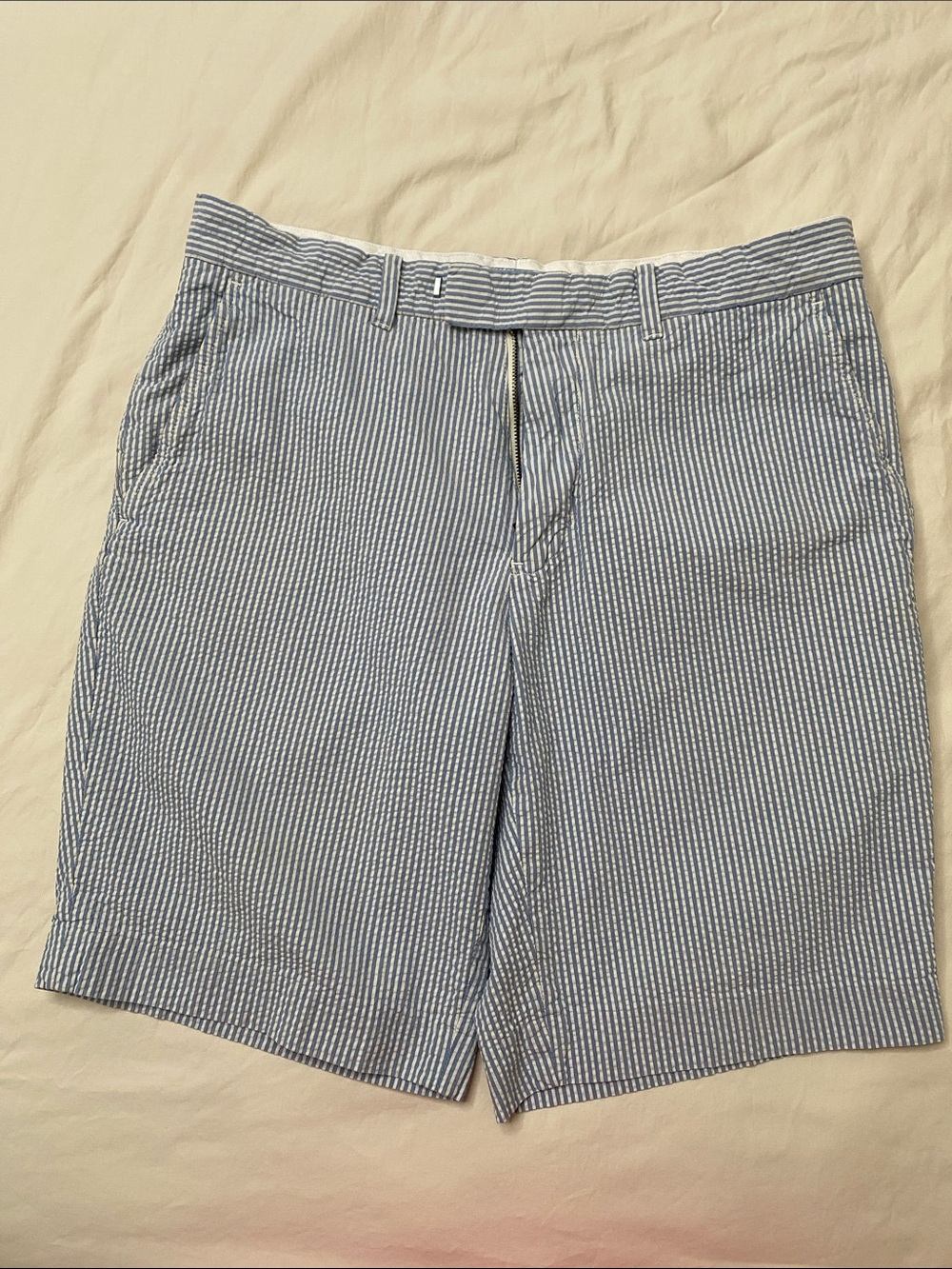 Polo by Ralph Lauren Blue and White Seersucker Flat-Front Shorts